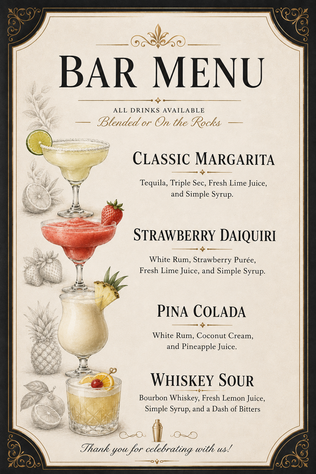 Custom bar menu for the Burlington bachelor party featuring Classic Margarita, Strawberry Daiquiri, Pina Colada, and Whiskey Sour