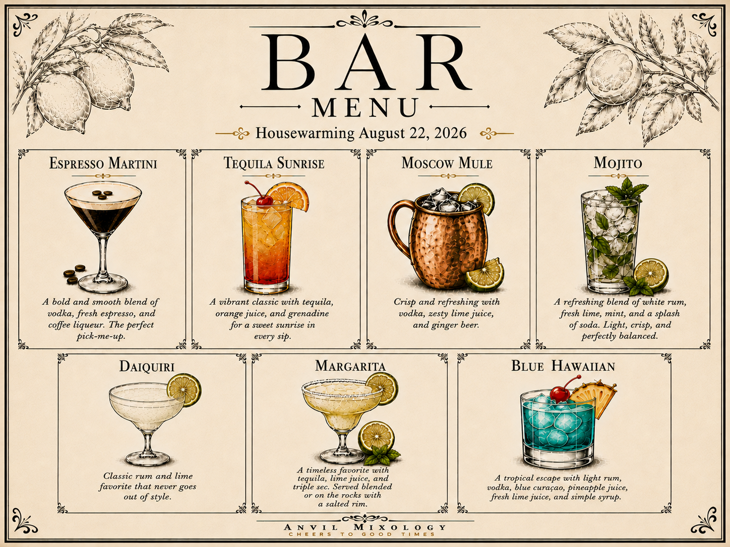 Anvil Mixology custom bar menu for a housewarming event featuring seven cocktail recipes