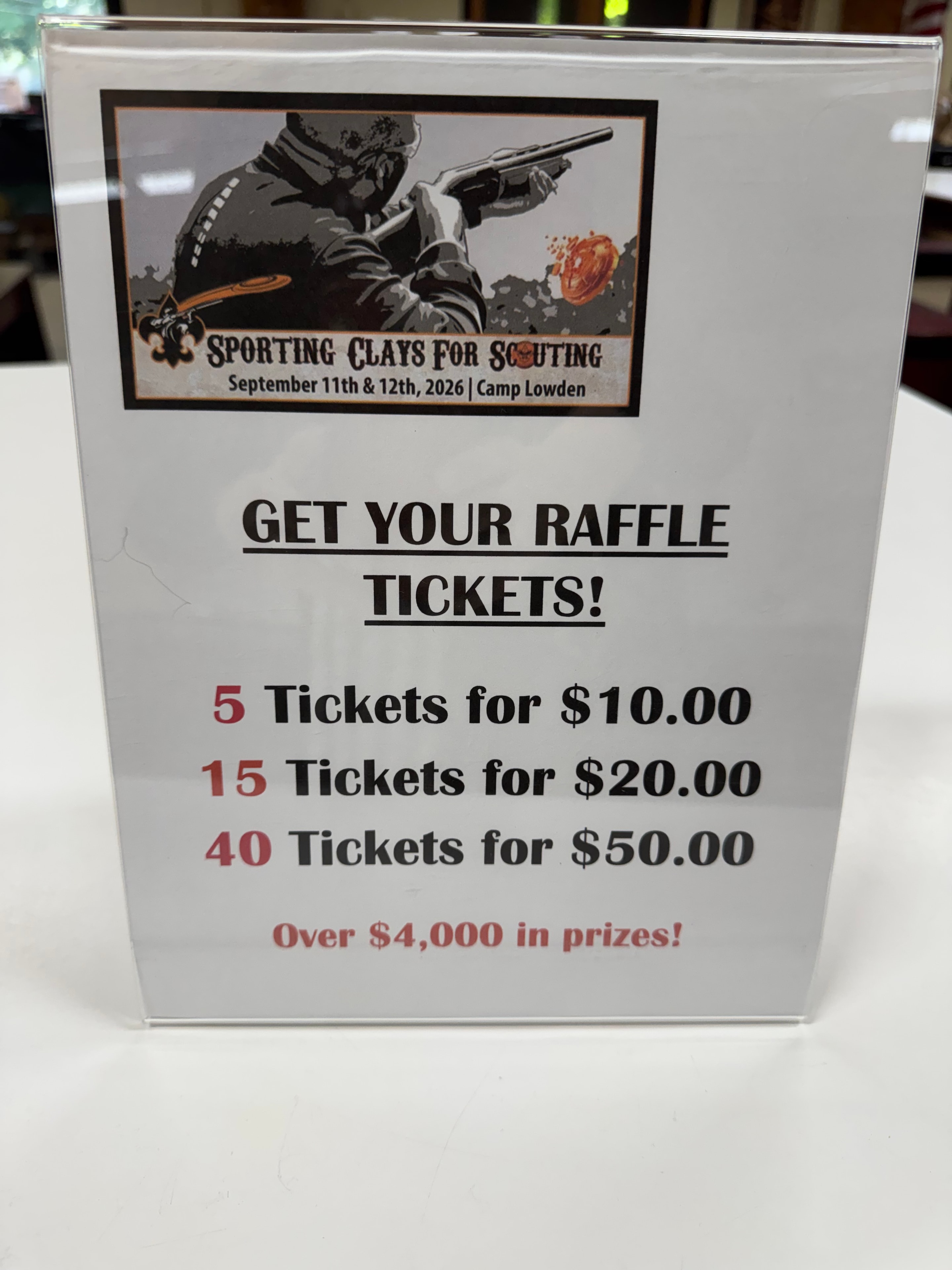 Raffle ticket flyer for the Sporting Clays for Scouting fundraiser event