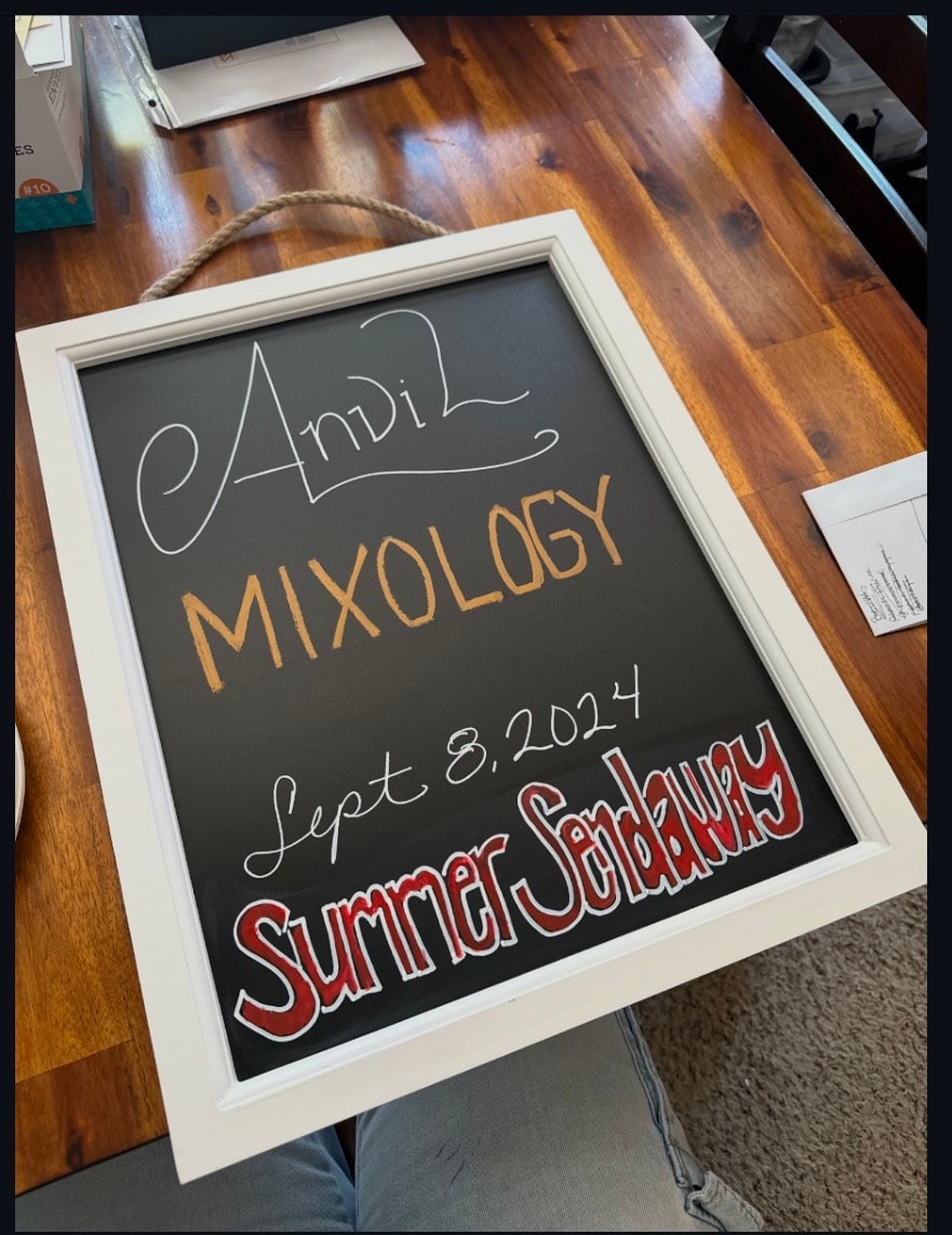 Anvil Mixology chalkboard sign for the Summer Sendaway event at Riverwalk Apartments MKE, Sept 8 2024